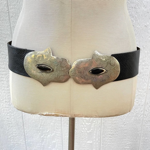 Vintage Accessories - Vintage 70s Moroccan Leather Belt with Double Hamsa Buckle Stone Metal